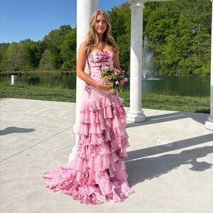 Sherri Hill Pink Strapless Ruffled Gown